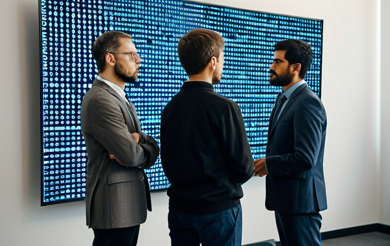 Ethical Concerns of Pattern Recognition**
"A diverse group of people looking concerned in front of a digital screen displaying complex algorithms, representing privacy concerns and potential bias in AI. The scene takes place in a modern, slightly futuristic conference room. Everyone is fully clothed in professional, modest attire. Safe for work. Appropriate content. Perfect anatomy. Natural proportions. Professional, family-friendly image. Focus on conveying the ethical dilemmas."
**